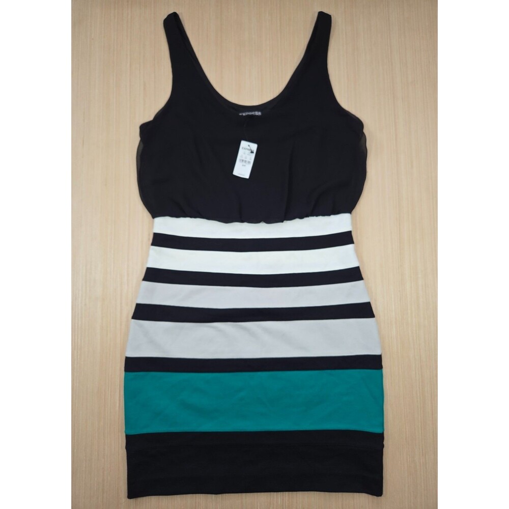 Express Women's Small Black Chiffon Top Colorblock Stripe Bodycon Dress Stretch